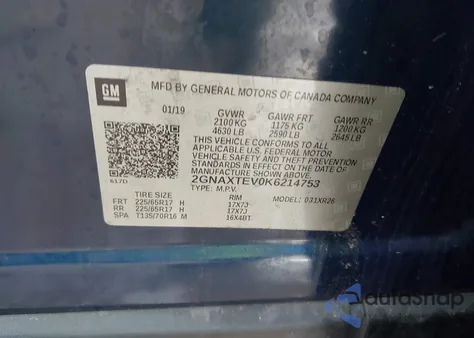 2019 Chevrolet Equinox Lt z USA, uszkodzony, nr VIN 2GNAXTEV0K6214753